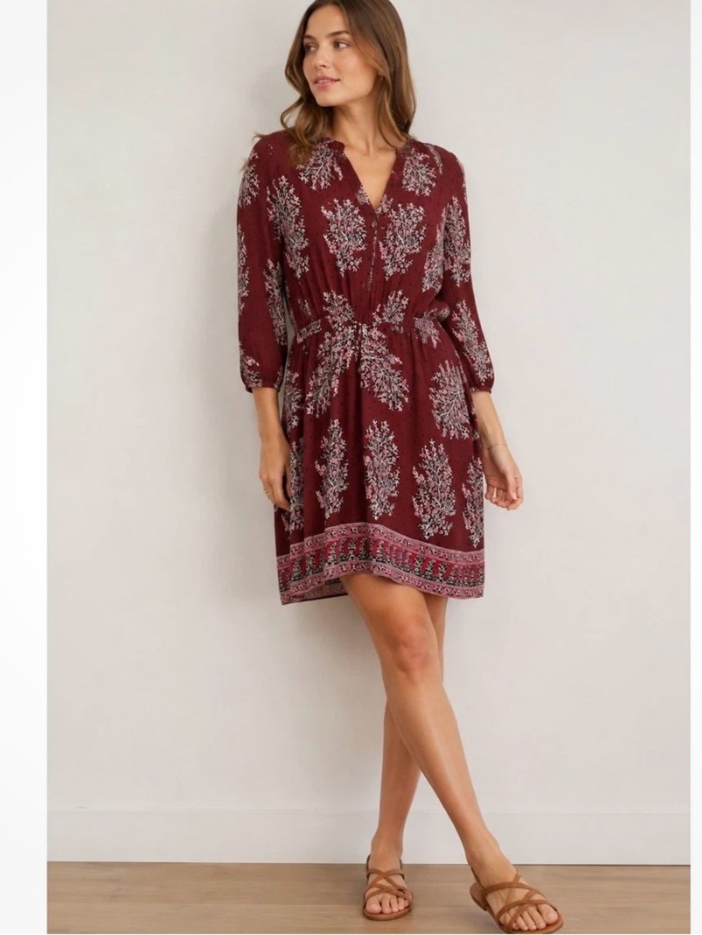 MADEWELL Sz 12 Burgundy Silk Lassi Flower Pop On Dress Elastic Waist 3/4 Sleeve